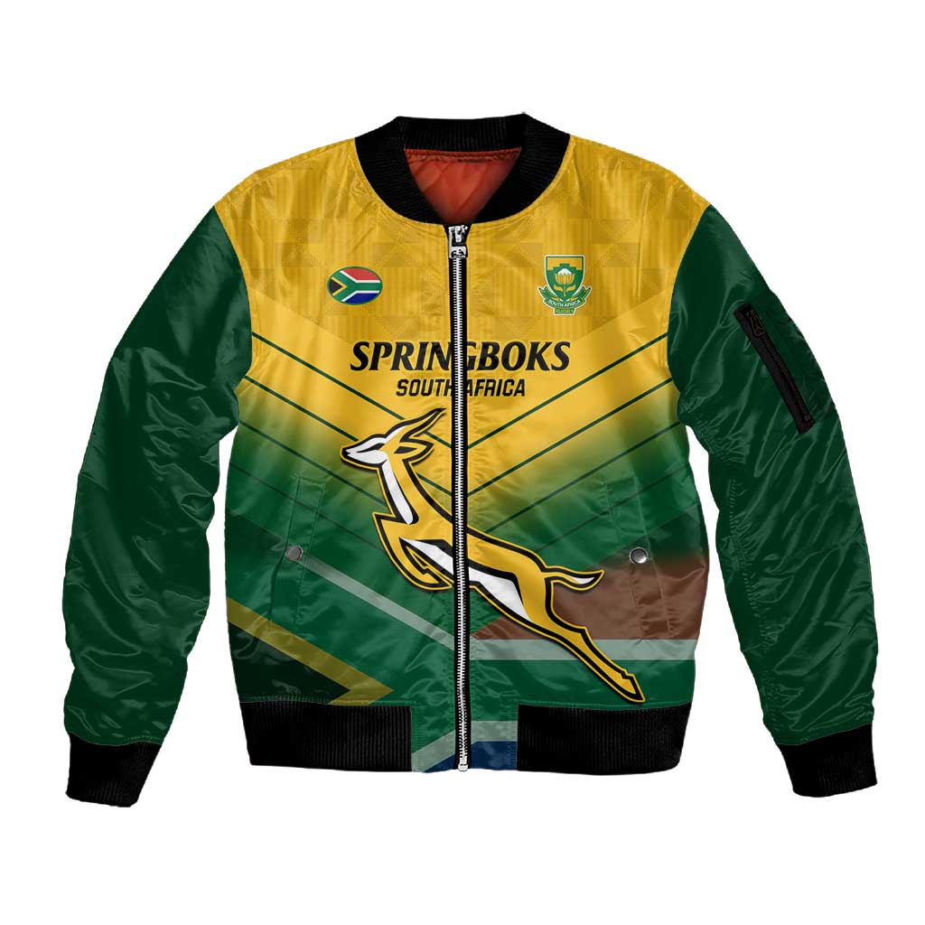 Custom South Africa Rugby Sleeve Zip Bomber Jacket Springboks Go Champions African Pattern