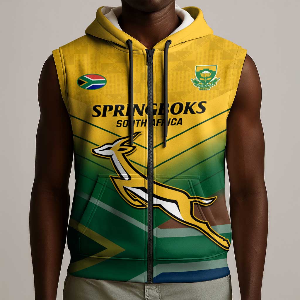 Custom South Africa Rugby Sleeveless Zip Hoodie Springboks Go Champions African Pattern - African Pride