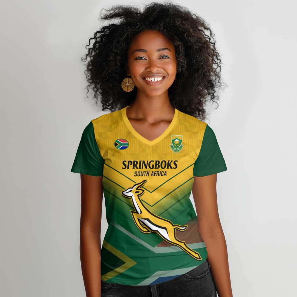 Custom South Africa Rugby Women V-Neck T-Shirt Springboks Go Champions African Pattern