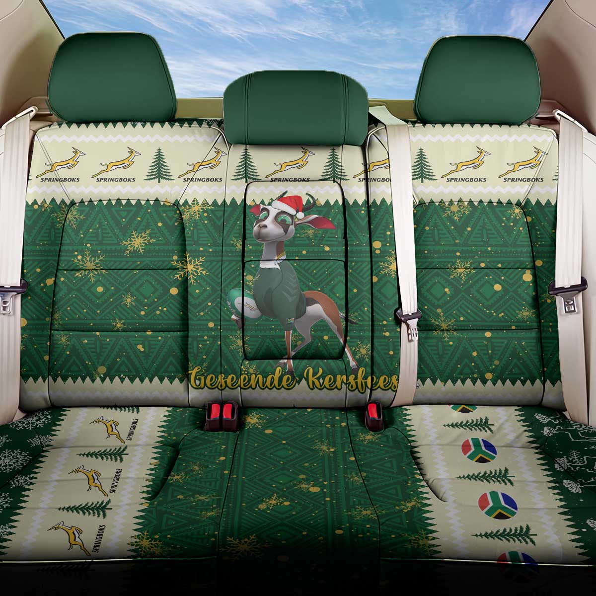 Custom South Africa Rugby Christmas Back Car Seat Cover Geseende Kersfees Springboks African Pattern