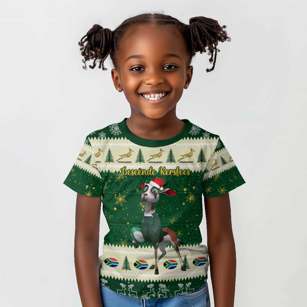 Custom South Africa Rugby Christmas Kid T shirt Geseende Kersfees Springboks African Pattern