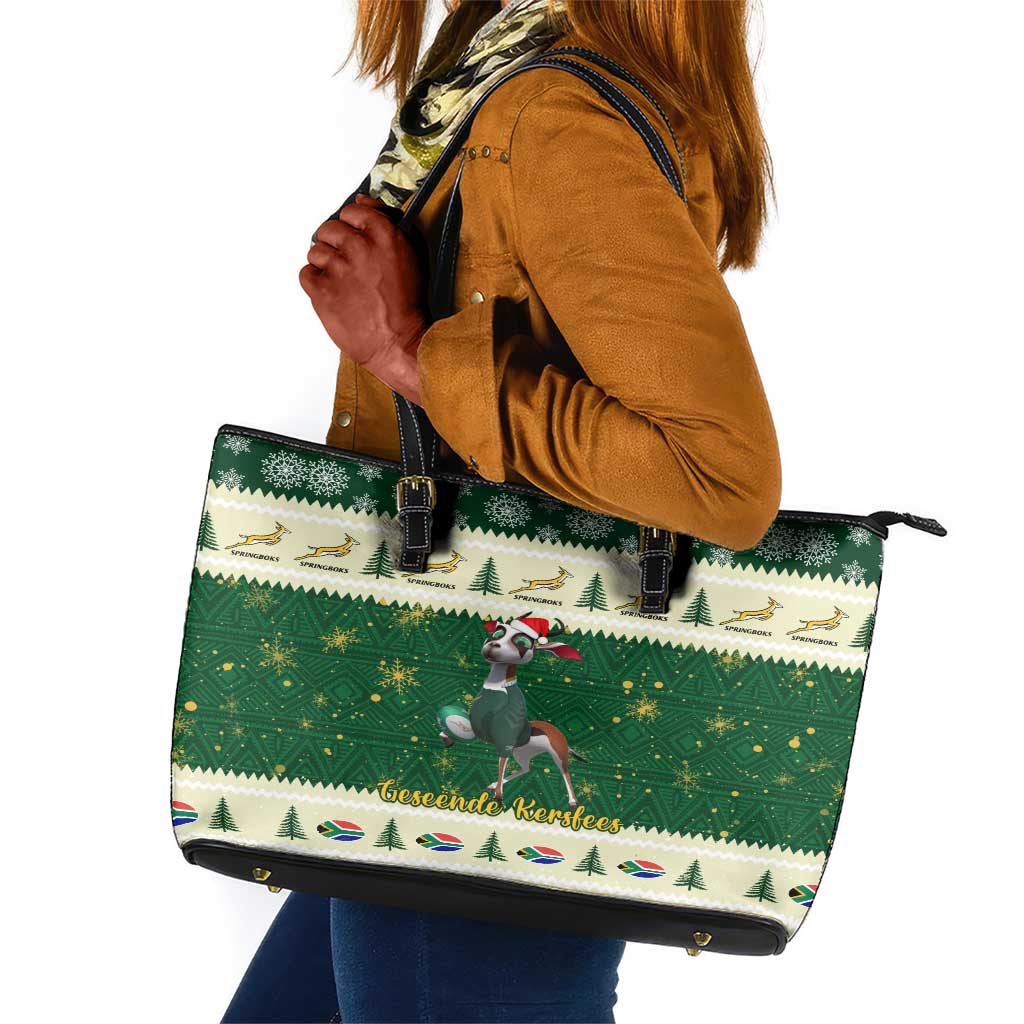 Custom South Africa Rugby Christmas Leather Tote Bag Geseende Kersfees Springboks African Pattern