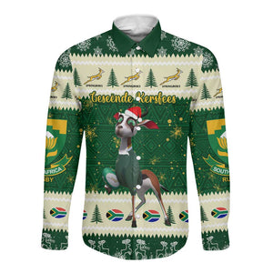 Custom South Africa Rugby Christmas Long Sleeve Button Shirt Geseende Kersfees Springboks African Pattern