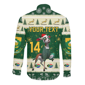 Custom South Africa Rugby Christmas Long Sleeve Button Shirt Geseende Kersfees Springboks African Pattern