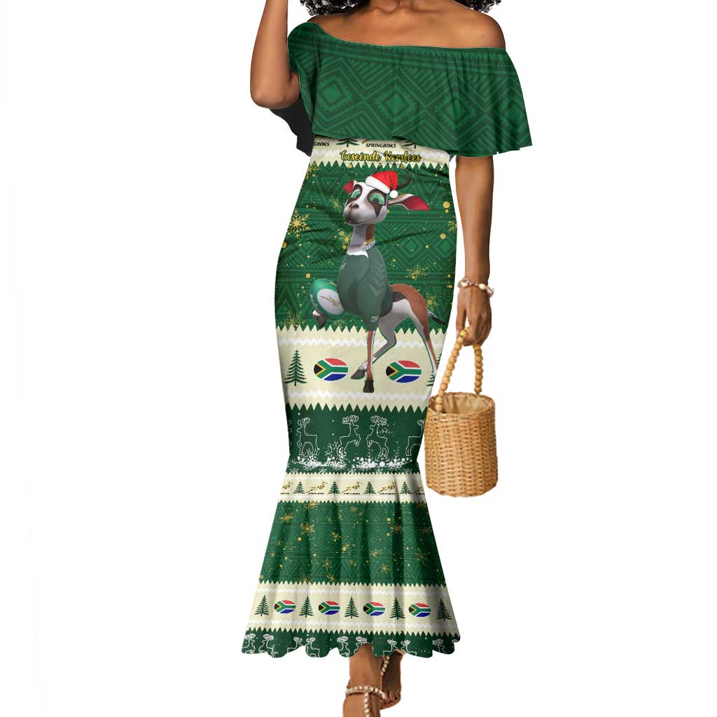 Custom South Africa Rugby Christmas Mermaid Dress Geseende Kersfees Springboks African Pattern