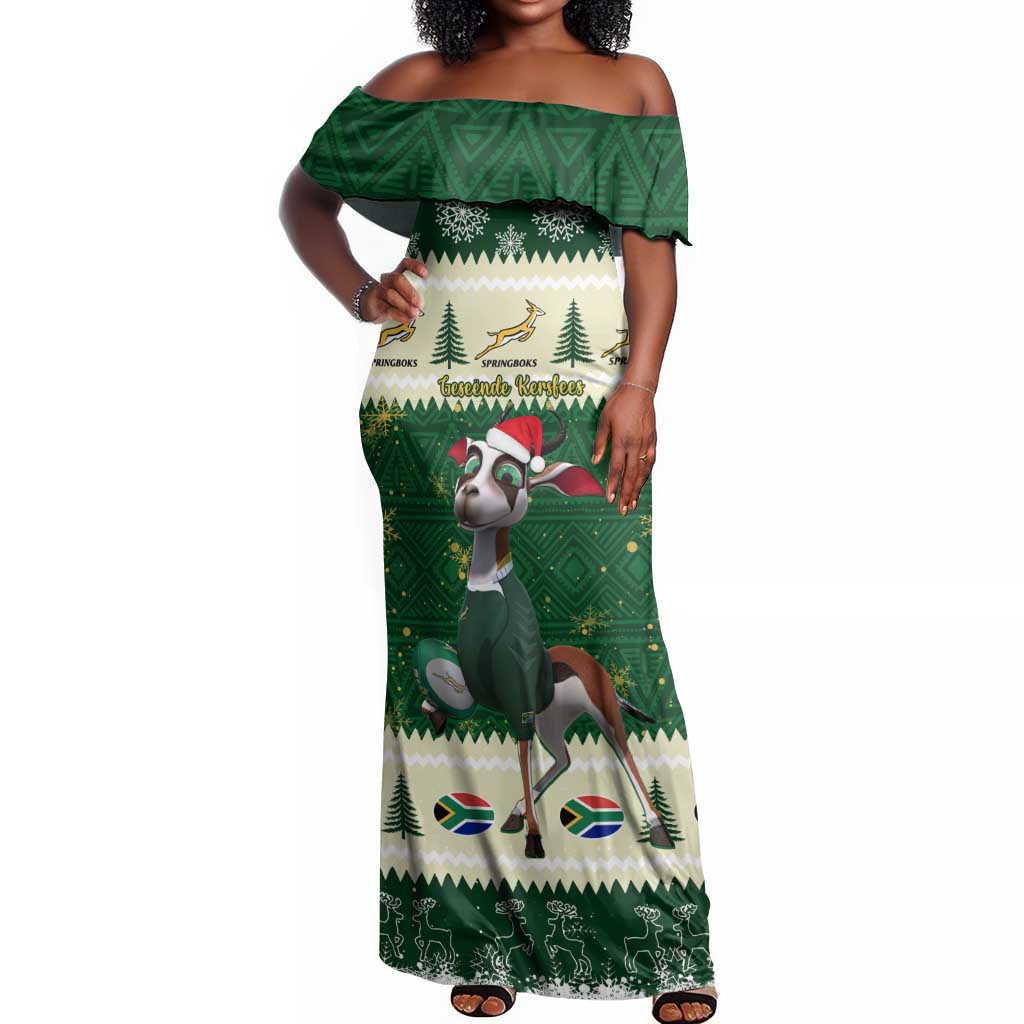 Custom South Africa Rugby Christmas Off Shoulder Maxi Dress Geseende Kersfees Springboks African Pattern