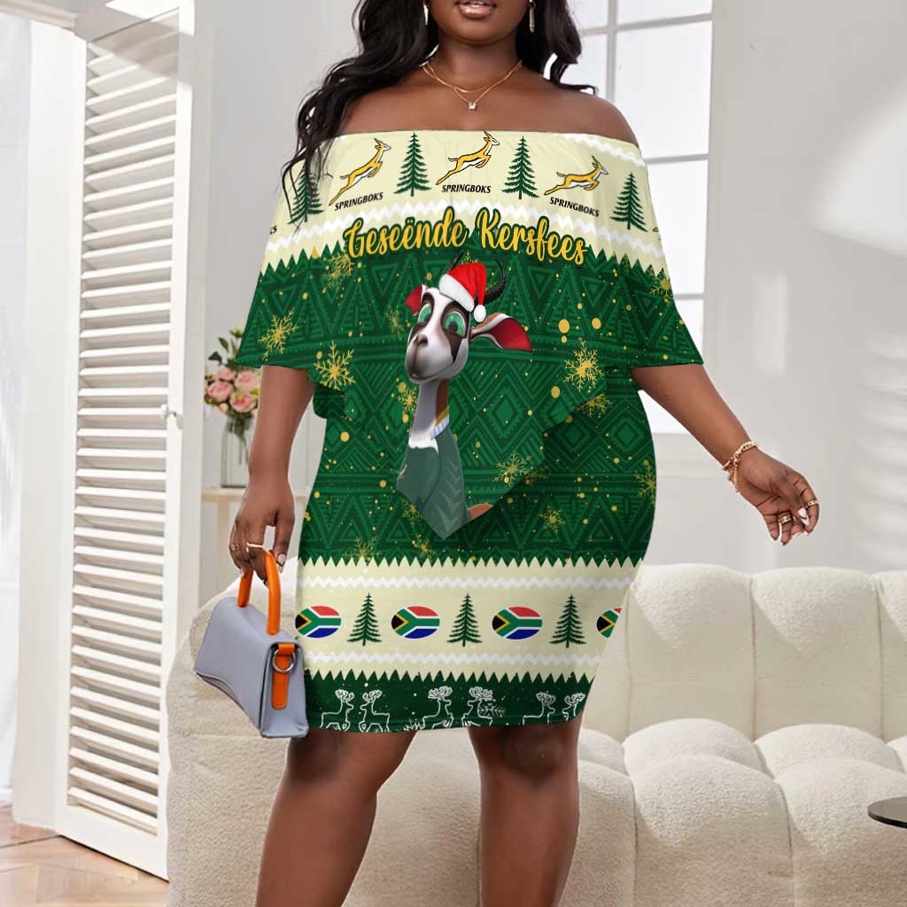 Custom South Africa Rugby Christmas Off Shoulder Short Dress Geseende Kersfees Springboks African Pattern LT14