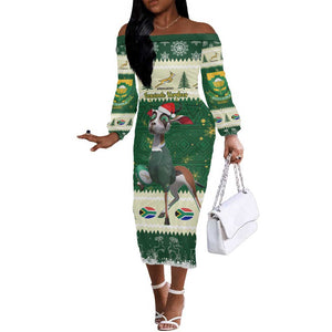 Custom South Africa Rugby Christmas Off The Shoulder Long Sleeve Dress Geseende Kersfees Springboks African Pattern