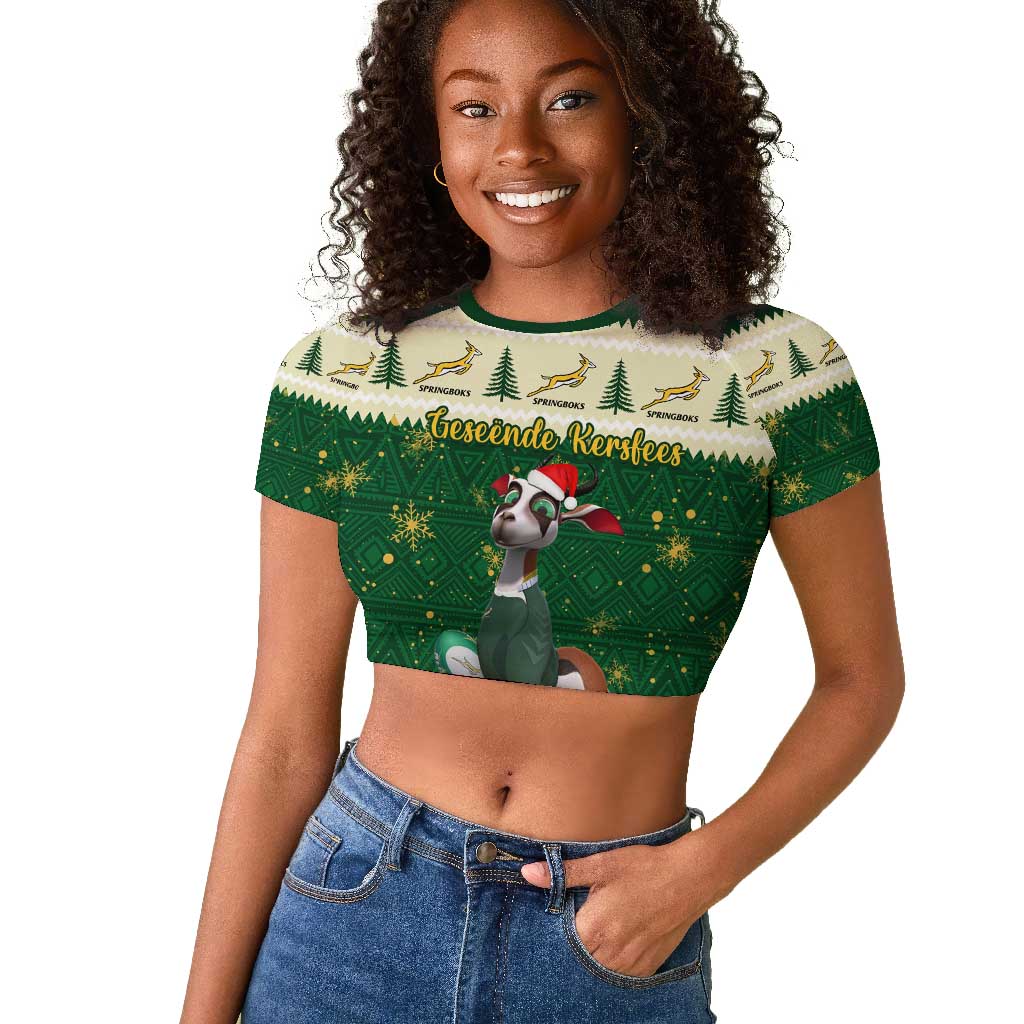 Custom South Africa Rugby Christmas Raglan Cropped T shirt Geseende Kersfees Springboks African Pattern