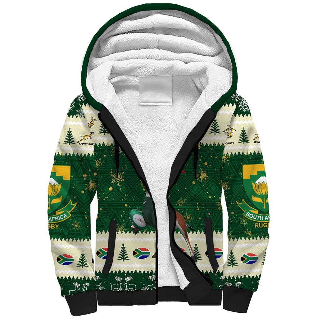 Custom South Africa Rugby Christmas Sherpa Hoodie Geseende Kersfees Springboks African Pattern