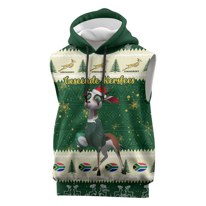 Custom South Africa Rugby Christmas Sleeveless Hoodie Geseende Kersfees Springboks African Pattern - African Pride