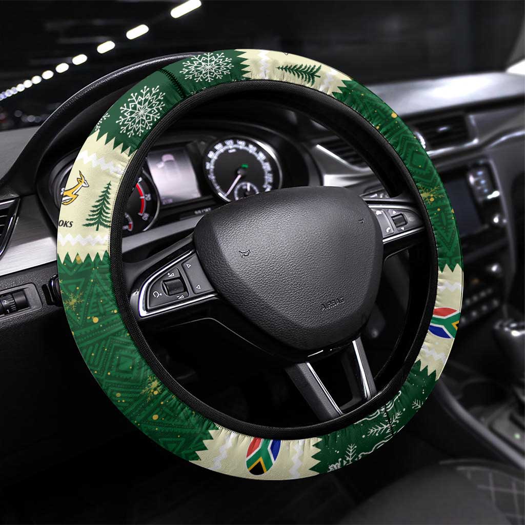 South Africa Rugby Christmas Steering Wheel Cover Geseende Kersfees Springboks African Pattern