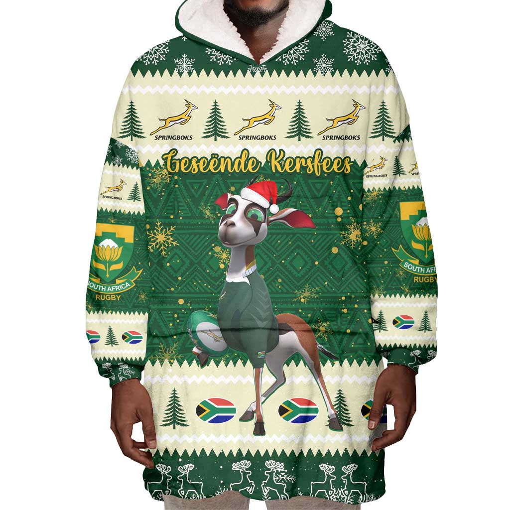 Custom South Africa Rugby Christmas Wearable Blanket Hoodie Geseende Kersfees Springboks African Pattern