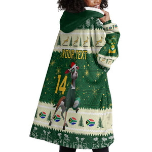 Custom South Africa Rugby Christmas Wearable Blanket Hoodie Geseende Kersfees Springboks African Pattern