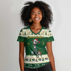 Custom South Africa Rugby Christmas Women V-Neck T-Shirt Geseende Kersfees Springboks African Pattern