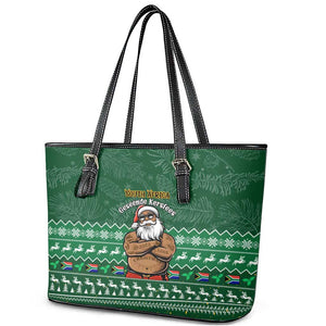 Personalised South Africa Christmas Leather Tote Bag Cool Santa Claus With South African Map