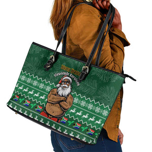 Personalised South Africa Christmas Leather Tote Bag Cool Santa Claus With South African Map