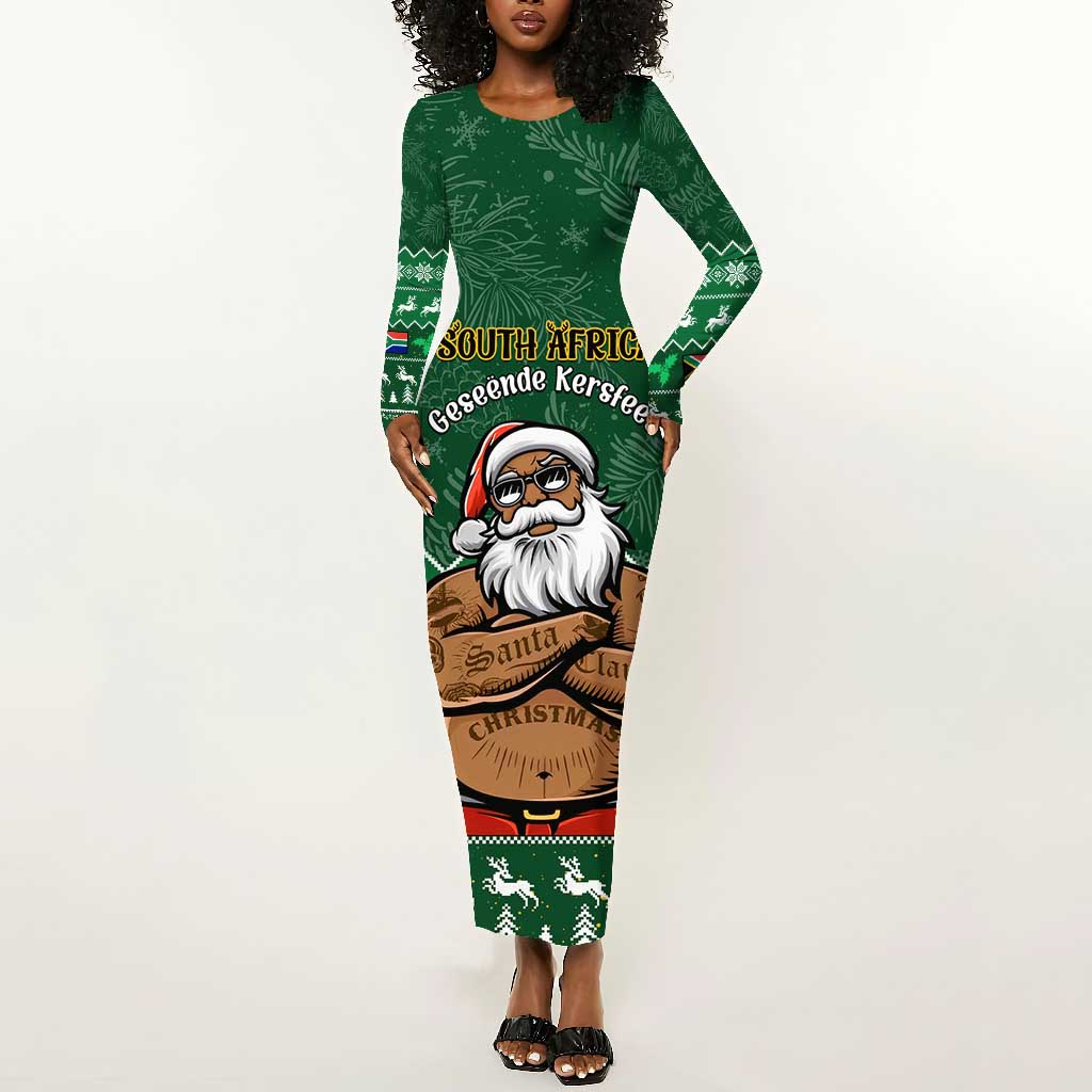 Personalised South Africa Christmas Long Sleeve Bodycon Dress Cool Santa Claus With South African Map