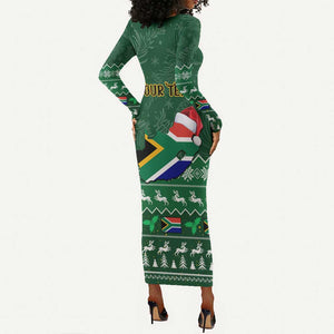 Personalised South Africa Christmas Long Sleeve Bodycon Dress Cool Santa Claus With South African Map