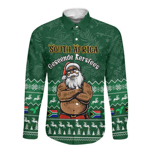 Personalised South Africa Christmas Long Sleeve Button Shirt Cool Santa Claus With South African Map