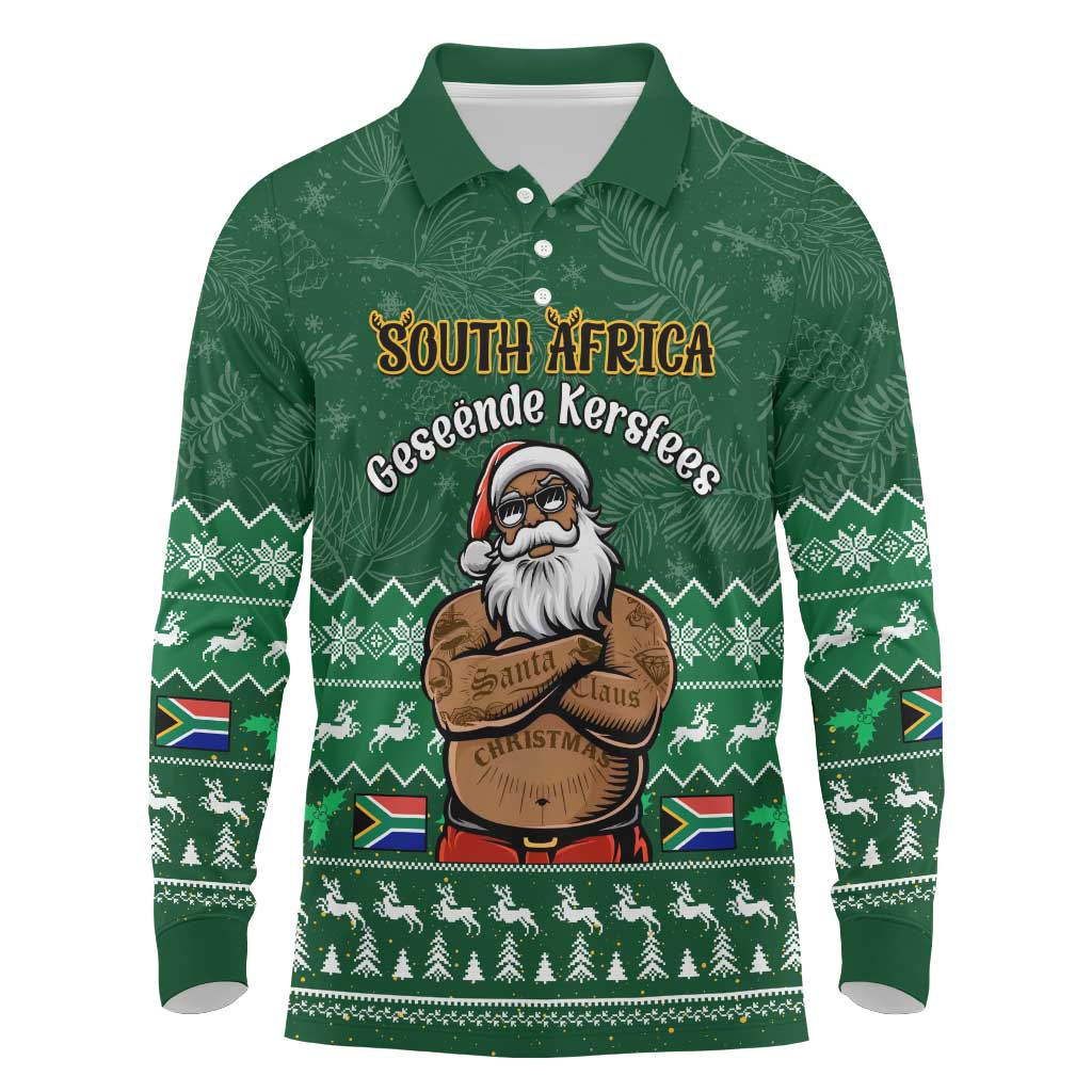 Personalised South Africa Christmas Long Sleeve Polo Shirt Cool Santa Claus With South African Map