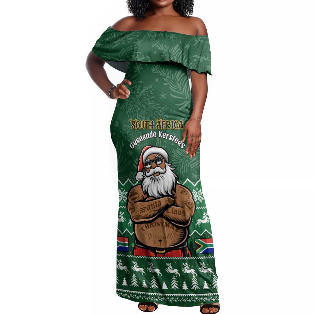 Personalised South Africa Christmas Off Shoulder Maxi Dress Cool Santa Claus With South African Map