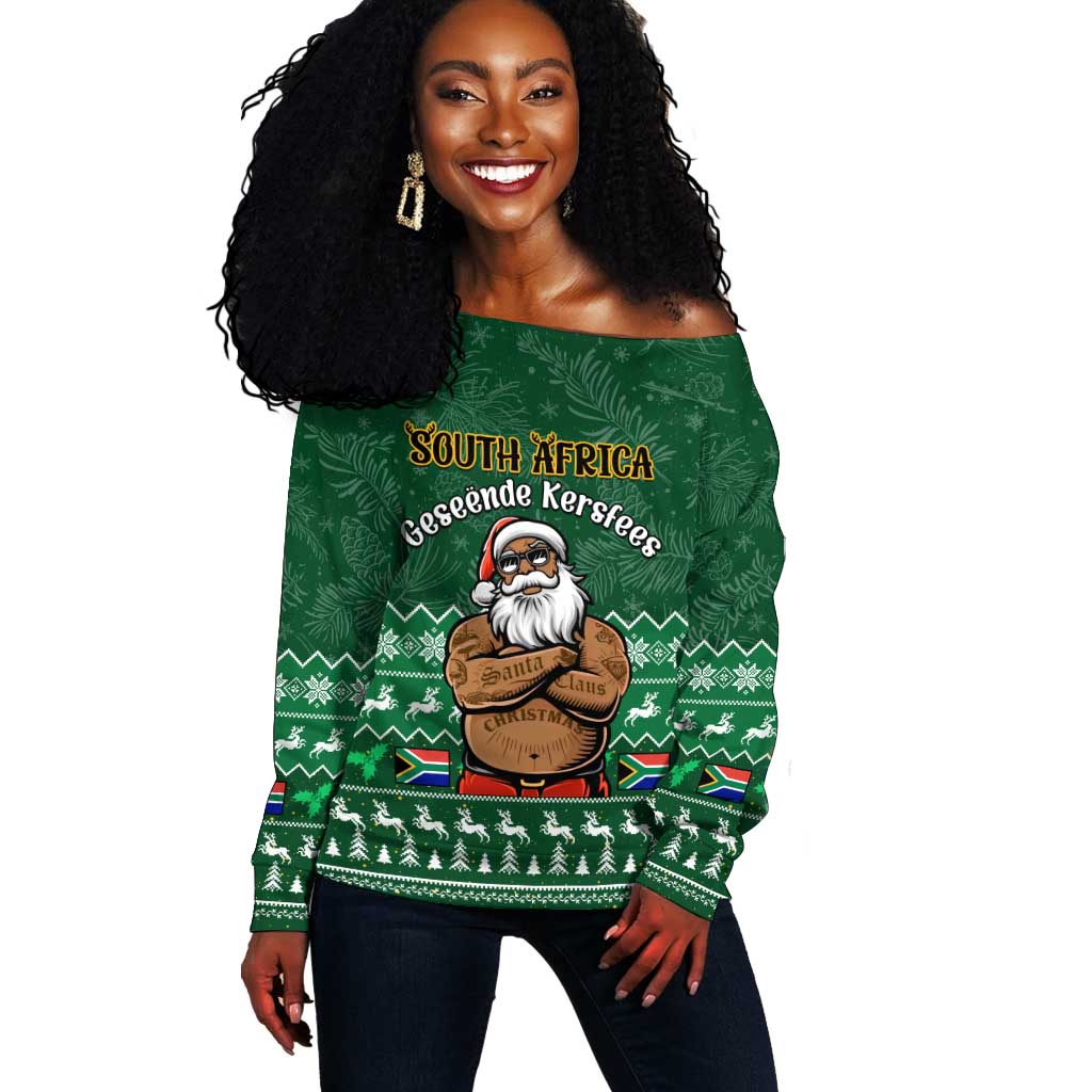 Personalised South Africa Christmas Off Shoulder Sweater Cool Santa Claus With South African Map