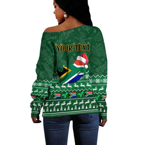 Personalised South Africa Christmas Off Shoulder Sweater Cool Santa Claus With South African Map