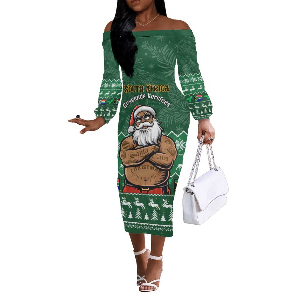 Personalised South Africa Christmas Off The Shoulder Long Sleeve Dress Cool Santa Claus With South African Map