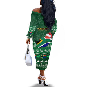 Personalised South Africa Christmas Off The Shoulder Long Sleeve Dress Cool Santa Claus With South African Map