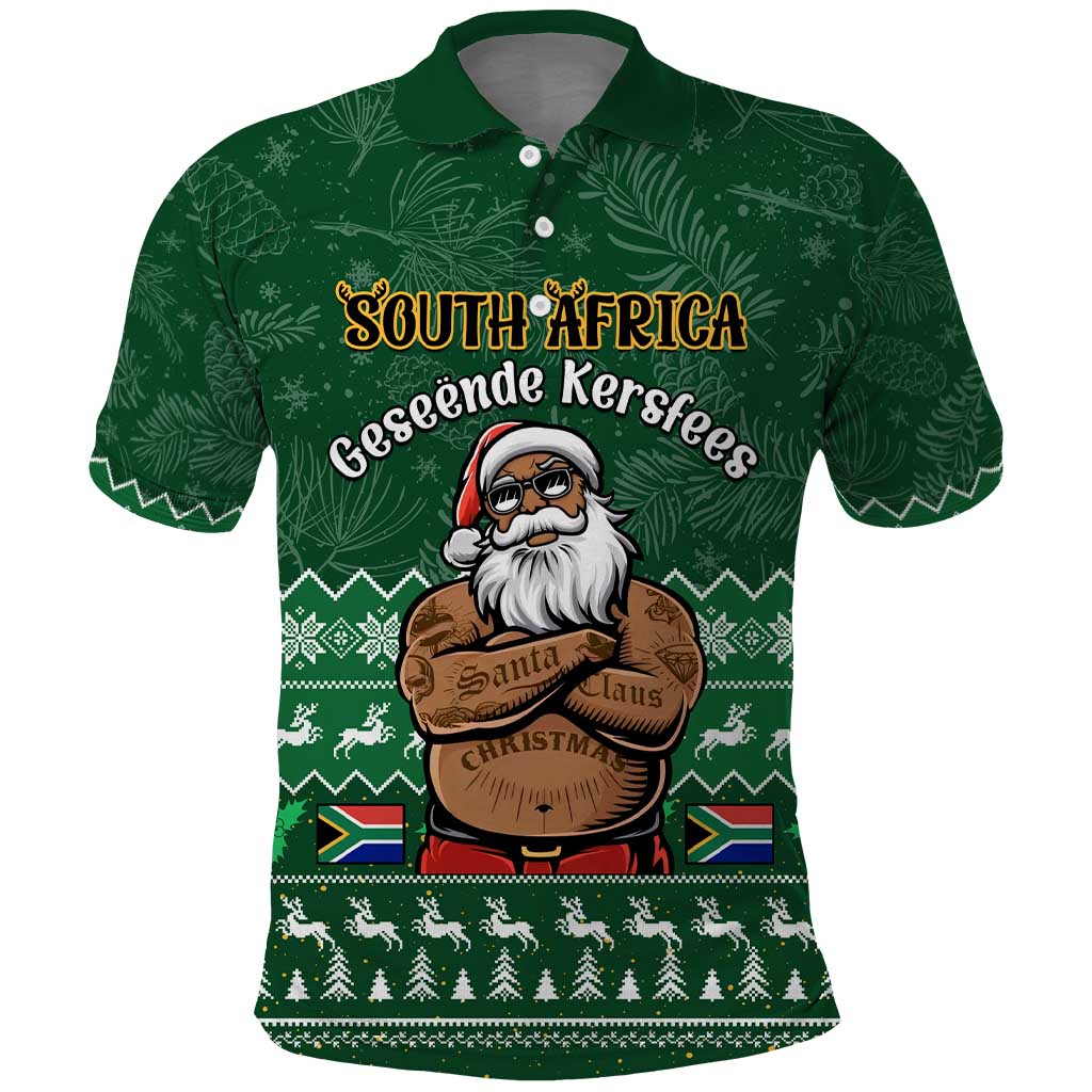 Personalised South Africa Christmas Polo Shirt Cool Santa Claus With South African Map