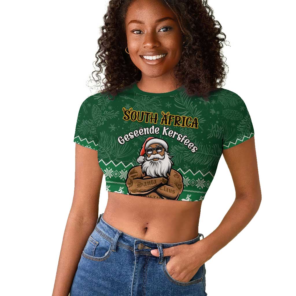 Personalised South Africa Christmas Raglan Cropped T shirt Cool Santa Claus With South African Map