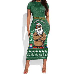 Personalised South Africa Christmas Short Sleeve Bodycon Dress Cool Santa Claus With South African Map