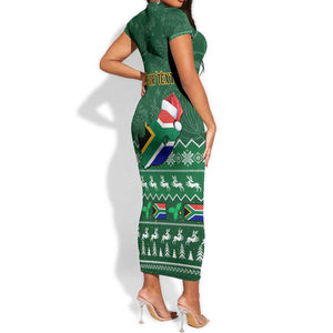 Personalised South Africa Christmas Short Sleeve Bodycon Dress Cool Santa Claus With South African Map