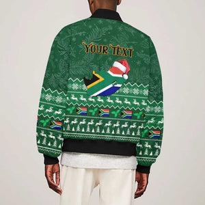 Personalised South Africa Christmas Sleeve Zip Bomber Jacket Cool Santa Claus With South African Map