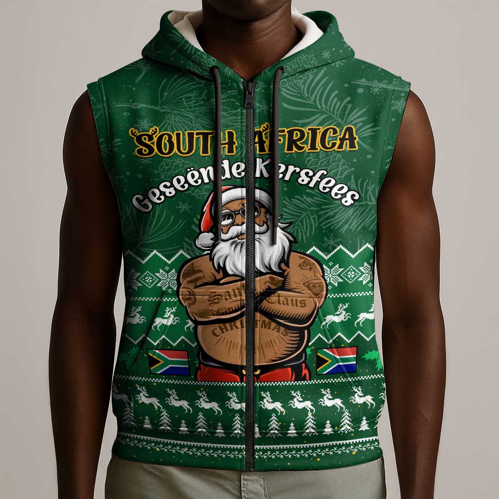 Personalised South Africa Christmas Sleeveless Zip Hoodie Cool Santa Claus With South African Map - African Pride
