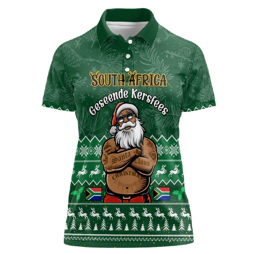 Personalised South Africa Christmas Women Polo Shirt Cool Santa Claus With South African Map