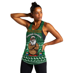 Personalised South Africa Christmas Women Racerback Tank Cool Santa Claus With South African Map