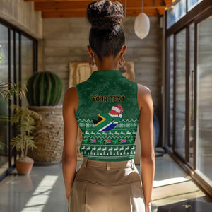 Personalised South Africa Christmas Women Sleeveless Polo Shirt Cool Santa Claus With South African Map