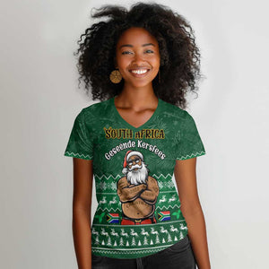 Personalised South Africa Christmas Women V-Neck T-Shirt Cool Santa Claus With South African Map