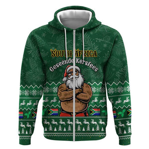 Personalised South Africa Christmas Zip Hoodie Cool Santa Claus With South African Map