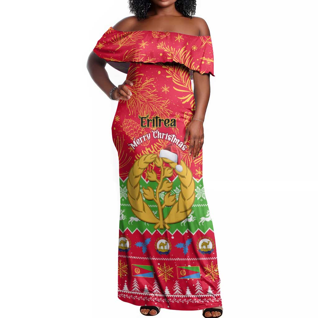 Personalised Eritrea Christmas Off Shoulder Maxi Dress Eritrean Olive Santa Claus Merry Xmas