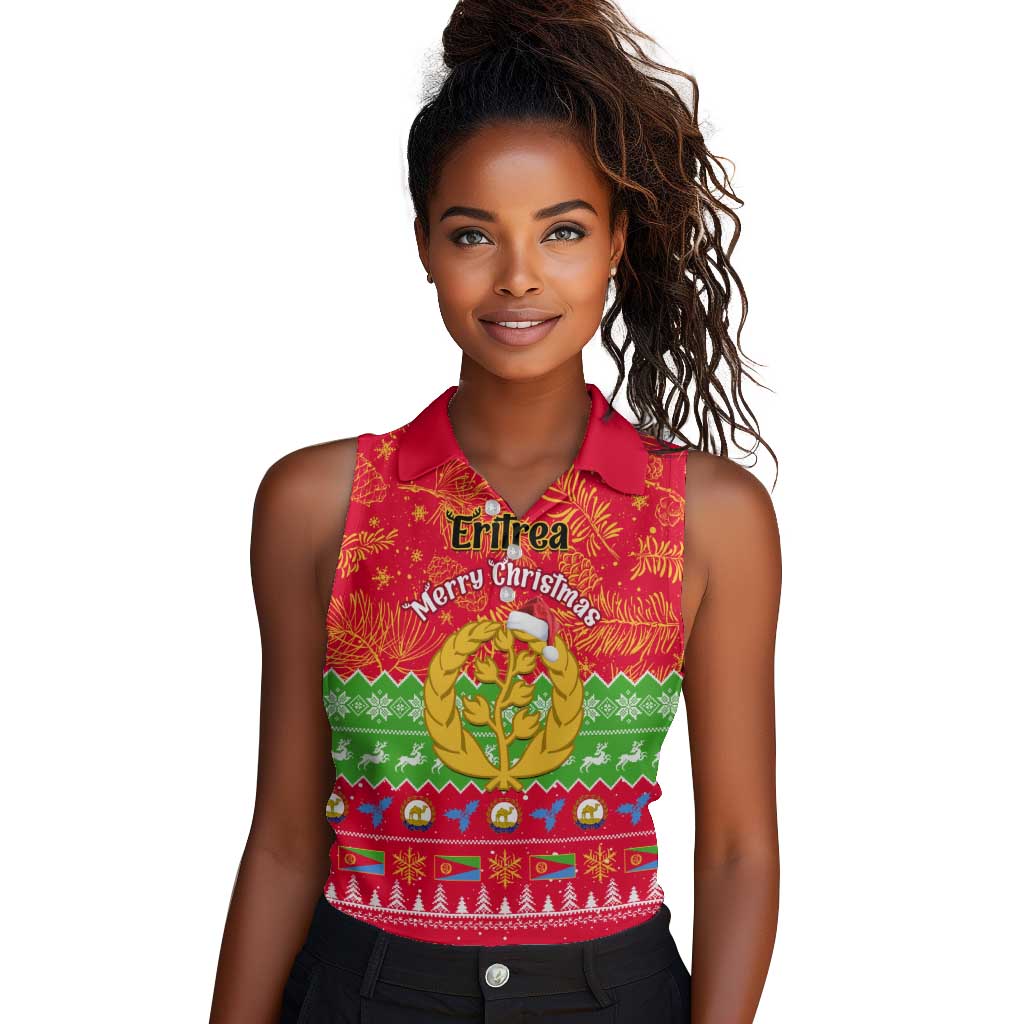 Personalised Eritrea Christmas Women Sleeveless Polo Shirt Eritrean Olive Santa Claus Merry Xmas