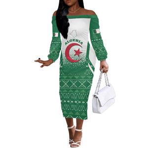 Personalized Afro Algeria Off The Shoulder Long Sleeve Dress Coat Of Arms African Pattern