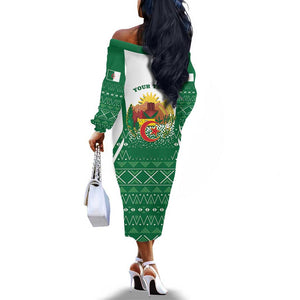 Personalized Afro Algeria Off The Shoulder Long Sleeve Dress Coat Of Arms African Pattern