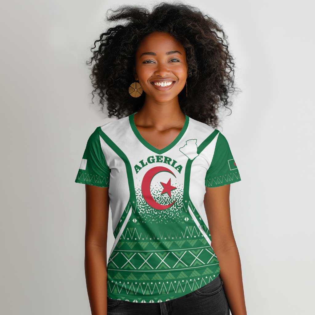 Personalized Afro Algeria Women V-Neck T-Shirt Coat Of Arms African Pattern