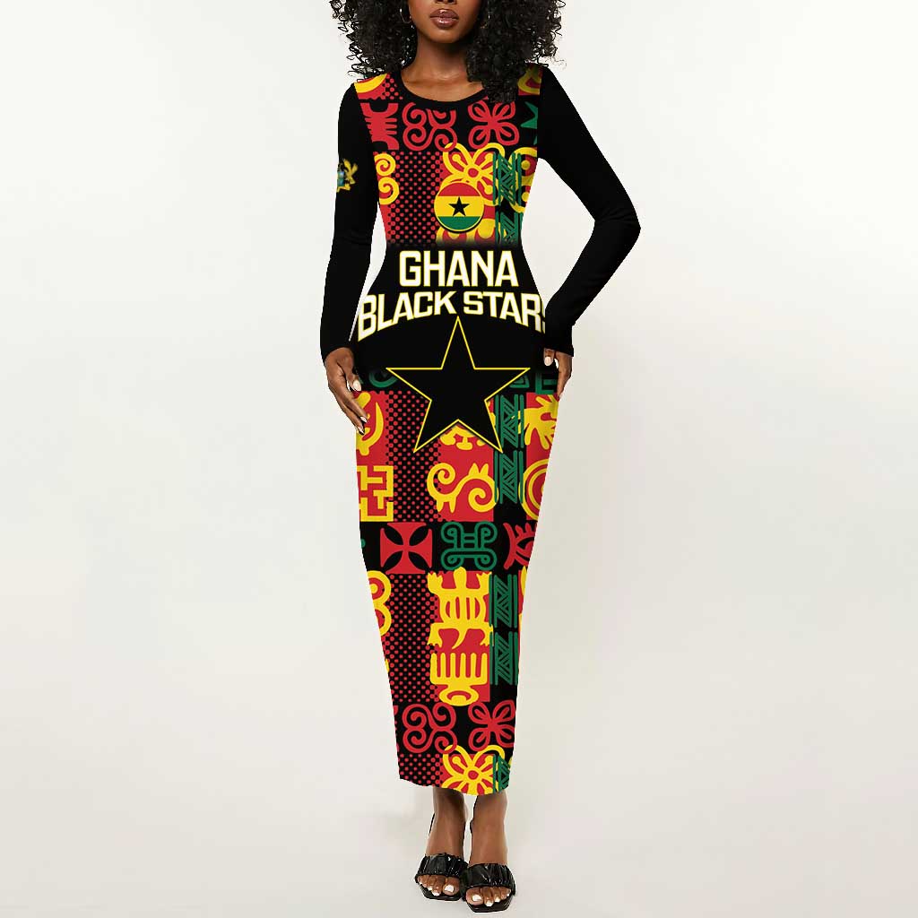 Custom Ghana Black Stars Long Sleeve Bodycon Dress Adinkra Pattern - Football Style LT14