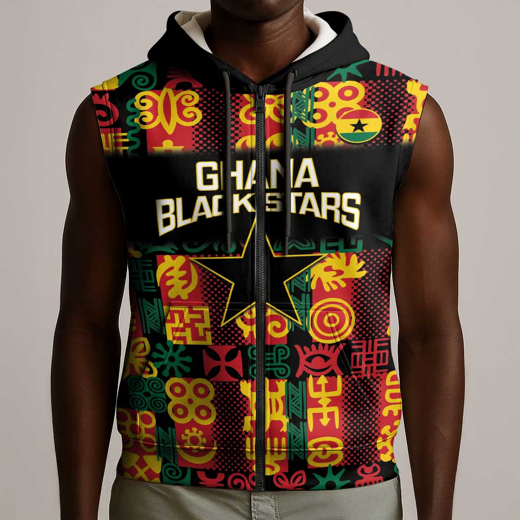 Custom Ghana Black Stars Sleeveless Zip Hoodie Adinkra Pattern - Football Style - African Pride