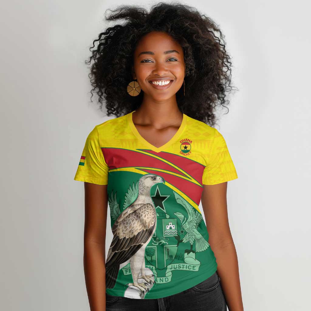 Custom Ghana Black Batters Women V-Neck T-Shirt Ghanaian Tawny Eagle - Cricket Style