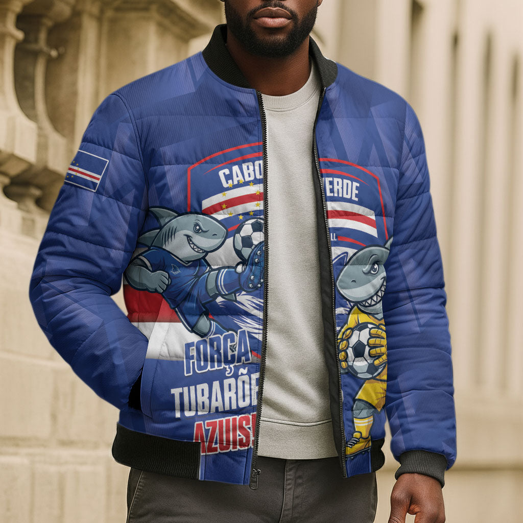 Cabo Verde Football 2026 Custom Bomber Puffer Jacket Forca Tubaroes Azuis